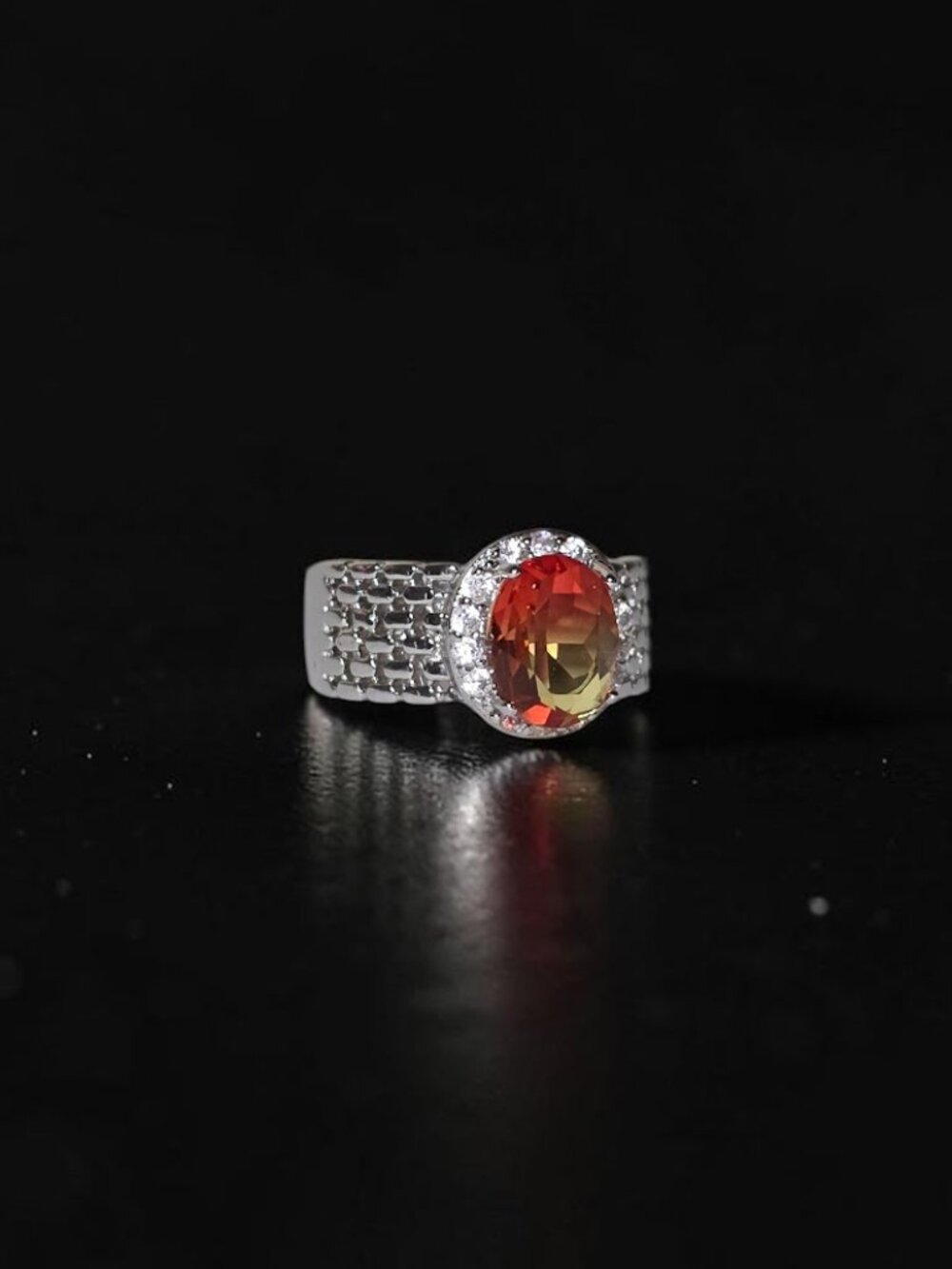 Sunset Padparadscha Sapphire Ombre CZ Halo Ring Wide Honeycomb Size 8